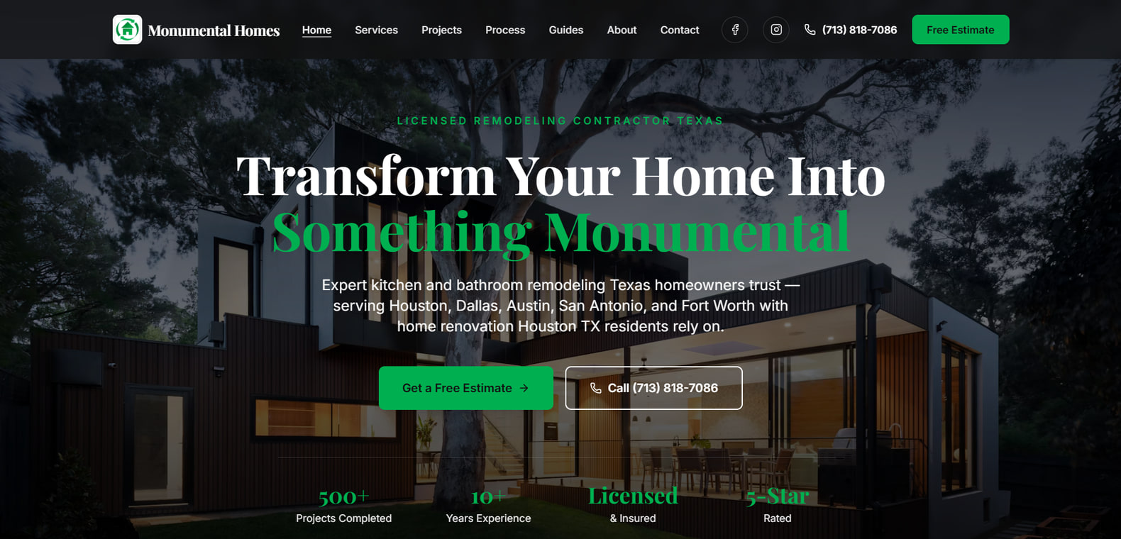 Live Monumental Homes homepage with a remodeling project hero, service navigation, estimate button, and tap-to-call action.